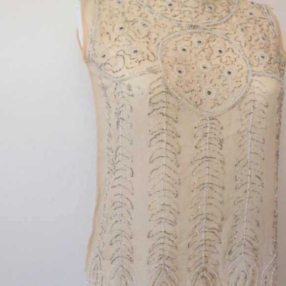 1920s 1910s Nude skin tone peach silk sheer beaded sleeveless blouse top XS S - Picture 6 of 10